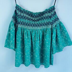 THML Green Smocked Off Shoulder Floral Top Medium